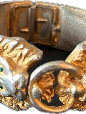Gold-Tone Lion Head Door Knocker Cuff Bracelet with Green Stone Eyes